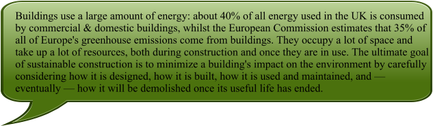 Buildings use a large amount of energy: about 40% of all energy used in the UK is consumed by commercial & domestic buildings, whilst the European Commission estimates that 35% of all of Europe's greenhouse emissions come from buildings. They occupy a lot of space and take up a lot of resources, both during construction and once they are in use. The ultimate goal of sustainable construction is to minimize a building's impact on the environment by carefully considering how it is designed, how it is built, how it is used and maintained, and  eventually  how it will be demolished once its useful life has ended.