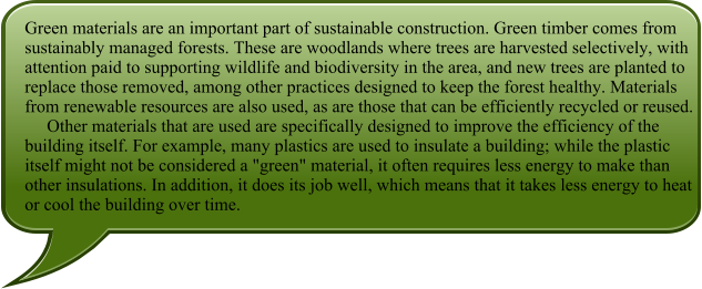 Green materials are an important part of sustainable construction. Green timber comes from sustainably managed forests. These are woodlands where trees are harvested selectively, with attention paid to supporting wildlife and biodiversity in the area, and new trees are planted to replace those removed, among other practices designed to keep the forest healthy. Materials from renewable resources are also used, as are those that can be efficiently recycled or reused.      Other materials that are used are specifically designed to improve the efficiency of the building itself. For example, many plastics are used to insulate a building; while the plastic itself might not be considered a "green" material, it often requires less energy to make than other insulations. In addition, it does its job well, which means that it takes less energy to heat or cool the building over time.