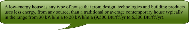 A low-energy house is any type of house that from design, technologies and building products uses less energy, from any source, than a traditional or average contemporary house typically in the range from 30 kWh/ma to 20 kWh/ma (9,500 Btu/ft/yr to 6,300 Btu/ft/yr).