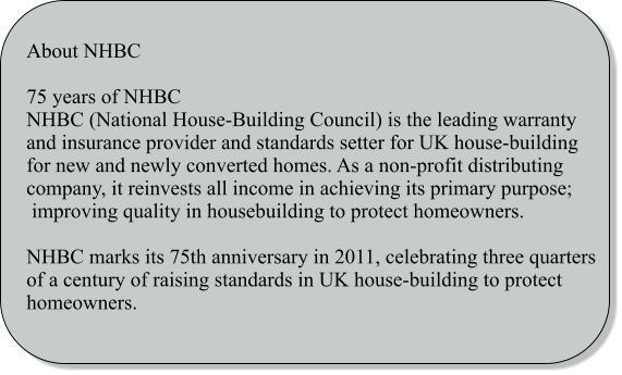 About NHBC  75 years of NHBC NHBC (National House-Building Council) is the leading warranty and insurance provider and standards setter for UK house-building for new and newly converted homes. As a non-profit distributing company, it reinvests all income in achieving its primary purpose;  improving quality in housebuilding to protect homeowners.  NHBC marks its 75th anniversary in 2011, celebrating three quarters of a century of raising standards in UK house-building to protect homeowners.